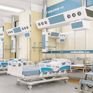 Interior of an empty intensive care unit.