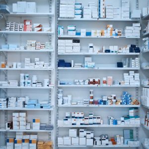 Shot of shelves stocked with various medicinal products in a pharmacy